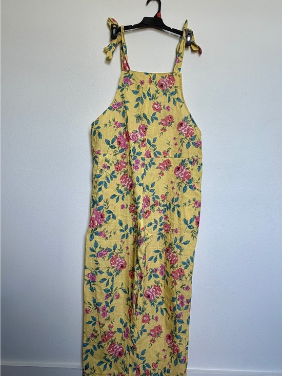 Mable Pants - MABLE Yellow Floral Linen Jumpsuit with Pink Roses and Green Leaves